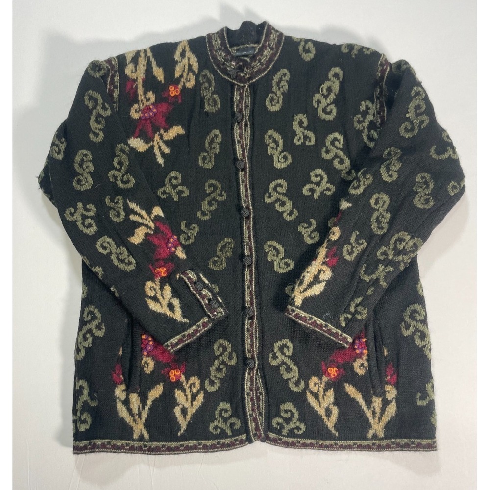 Nordic Design Cardigan Sweater Womens‎ Large Black Floral Wool Blend Pockets